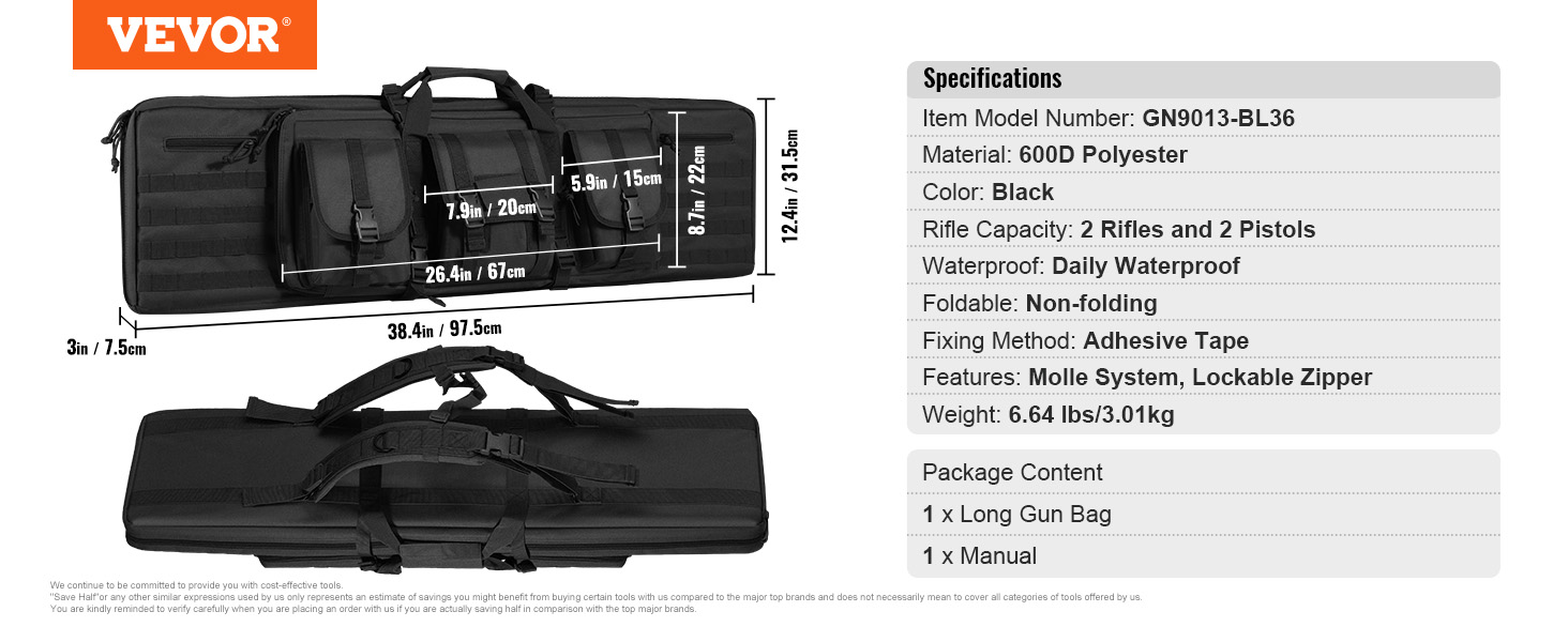 VEVOR tactical range bag, dimensions, 600d polyester, black, holds 2 rifles & 2 pistols, daily waterproof.