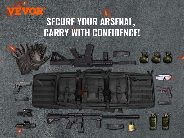 VEVOR tactical range bag with gear layout, featuring rifles, ammo, magazines, grenades, gloves, and glasses.