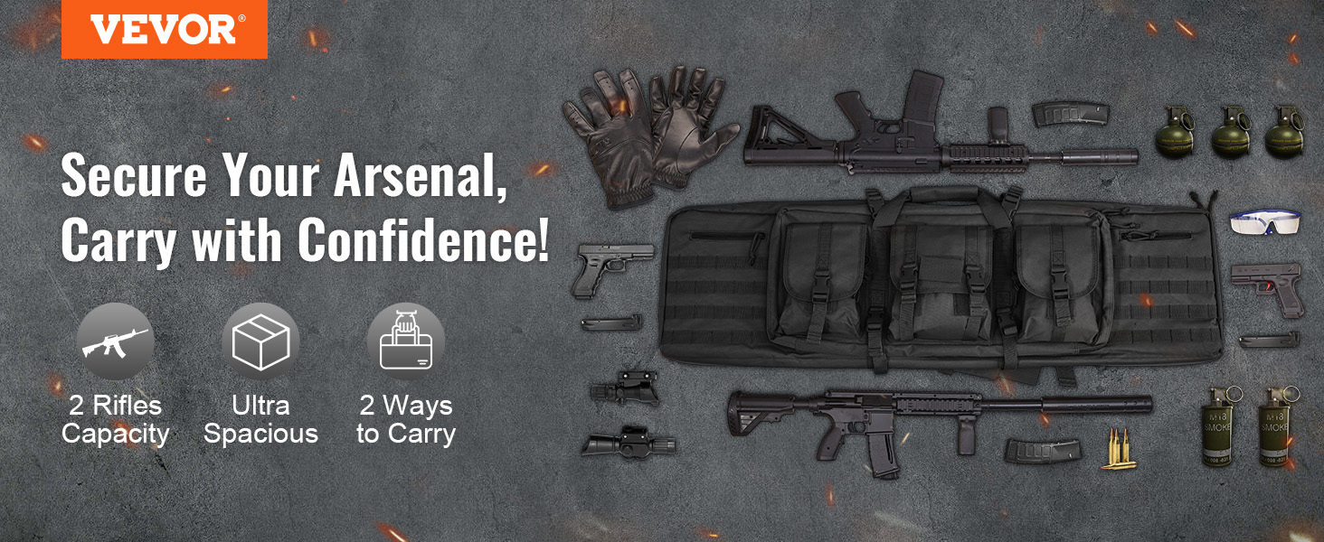 VEVOR tactical range bag with gear layout, featuring rifles, ammo, magazines, grenades, gloves, and glasses.