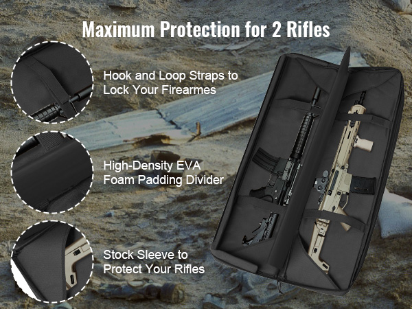 VEVOR tactical range bag for 2 rifles with hook and loop straps, stock sleeve, and eva foam padding.