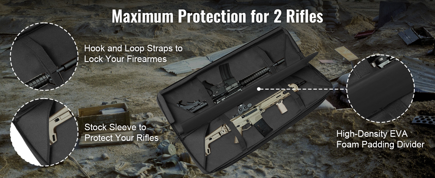 VEVOR tactical range bag for 2 rifles with hook and loop straps, stock sleeve, and eva foam padding.