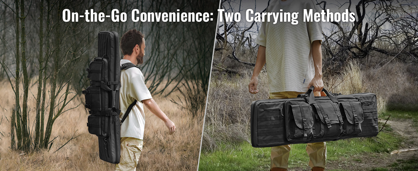 man carrying a VEVOR tactical range bag in two different ways: over the shoulder and by hand.