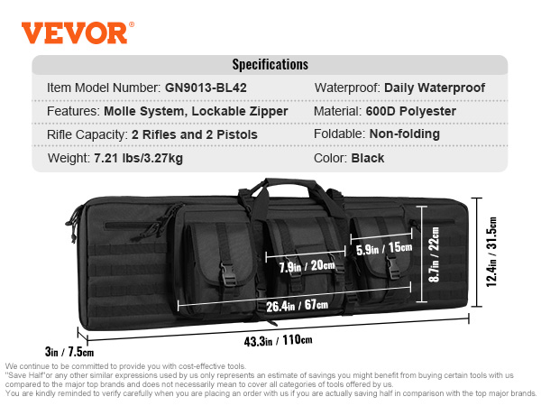 VEVOR tactical range bag, 600d polyester, 2 rifles, lockable zipper, 43.3in x 12.4in x 3in, black.