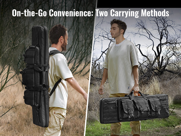 man carrying VEVOR tactical range bag on back and by hand, showcasing two carrying methods outdoors.
