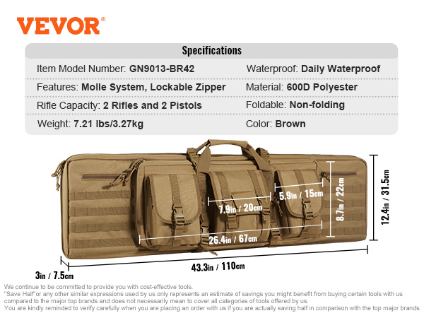 VEVOR tactical range bag, brown, 600d polyester, fits 2 rifles and 2 pistols, molle system, waterproof.