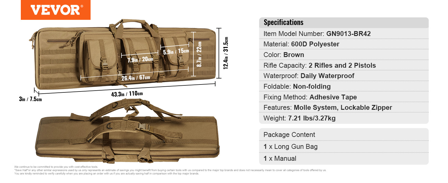 VEVOR tactical range bag, brown, 600d polyester, fits 2 rifles and 2 pistols, molle system, waterproof.