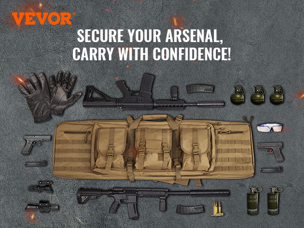 VEVOR tactical range bag featuring two rifles, accessories, gloves, and grenades on a concrete background.