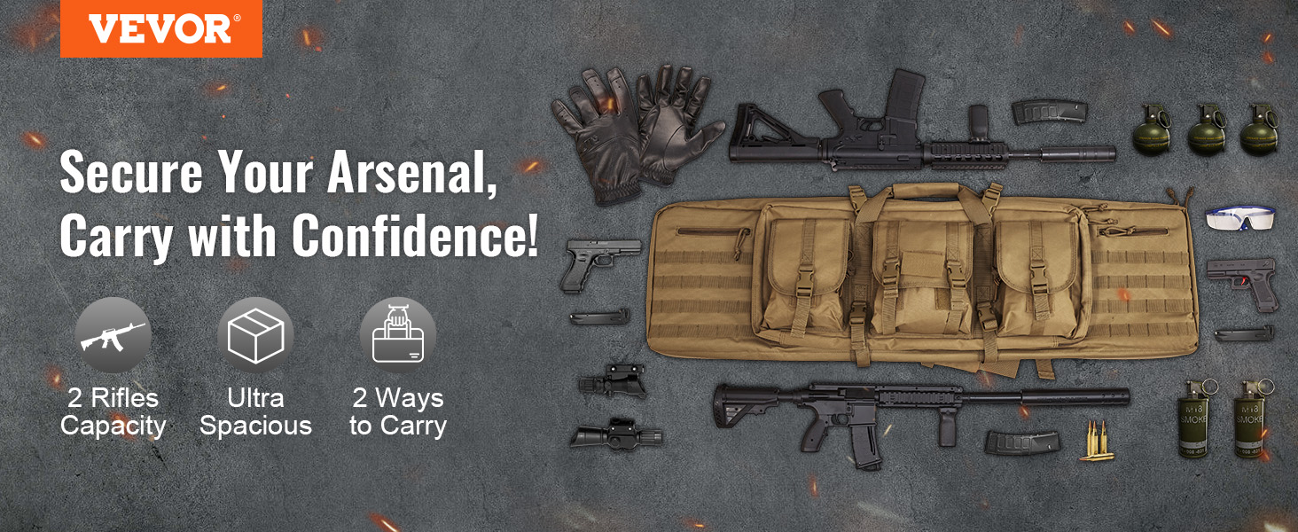 VEVOR tactical range bag featuring two rifles, accessories, gloves, and grenades on a concrete background.