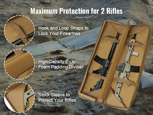 VEVOR tactical range bag showing hook and loop straps, stock sleeve, and eva foam padding for 2 rifles.