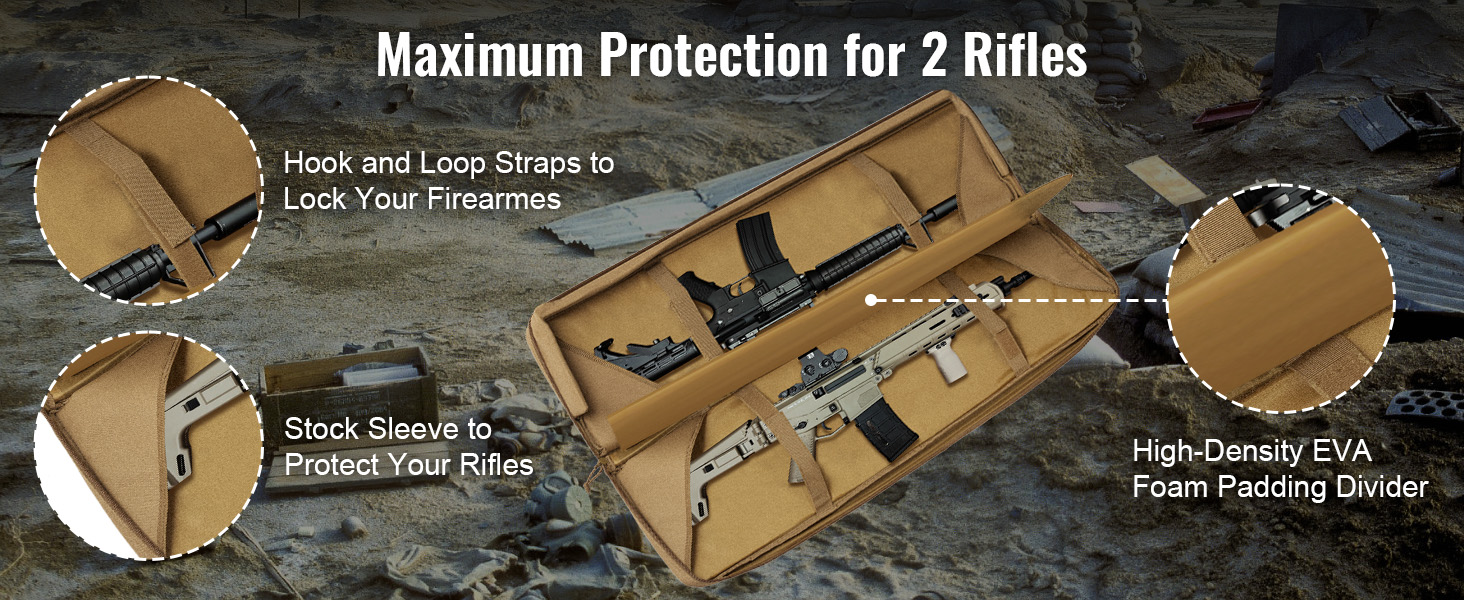 VEVOR tactical range bag showing hook and loop straps, stock sleeve, and eva foam padding for 2 rifles.