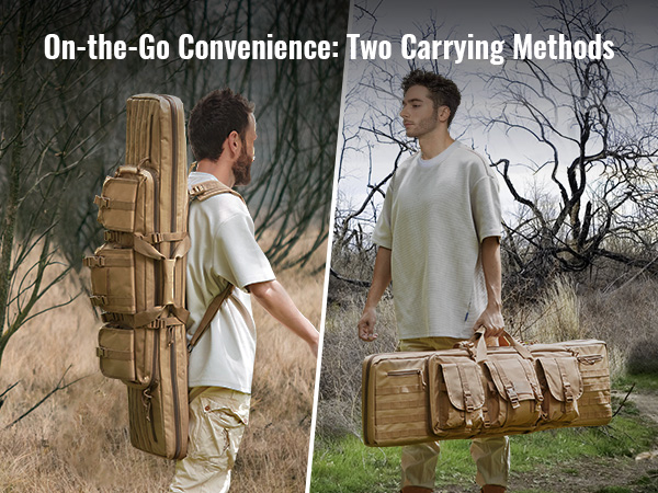man carrying VEVOR tactical range bag in two different ways, emphasizing versatility in the outdoors.