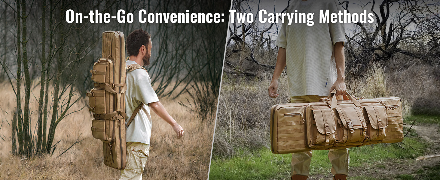 man carrying VEVOR tactical range bag in two different ways, emphasizing versatility in the outdoors.