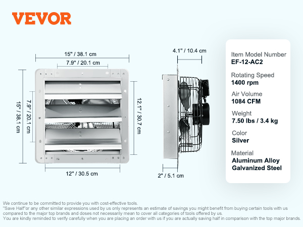 VEVOR shutter exhaust fan dimensions and specs: aluminum, galvanized steel, 1400 rpm, 1084 cfm, silver.