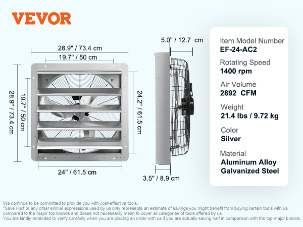 VEVOR shutter exhaust fan, dimensions, and specifications on a light blue background.