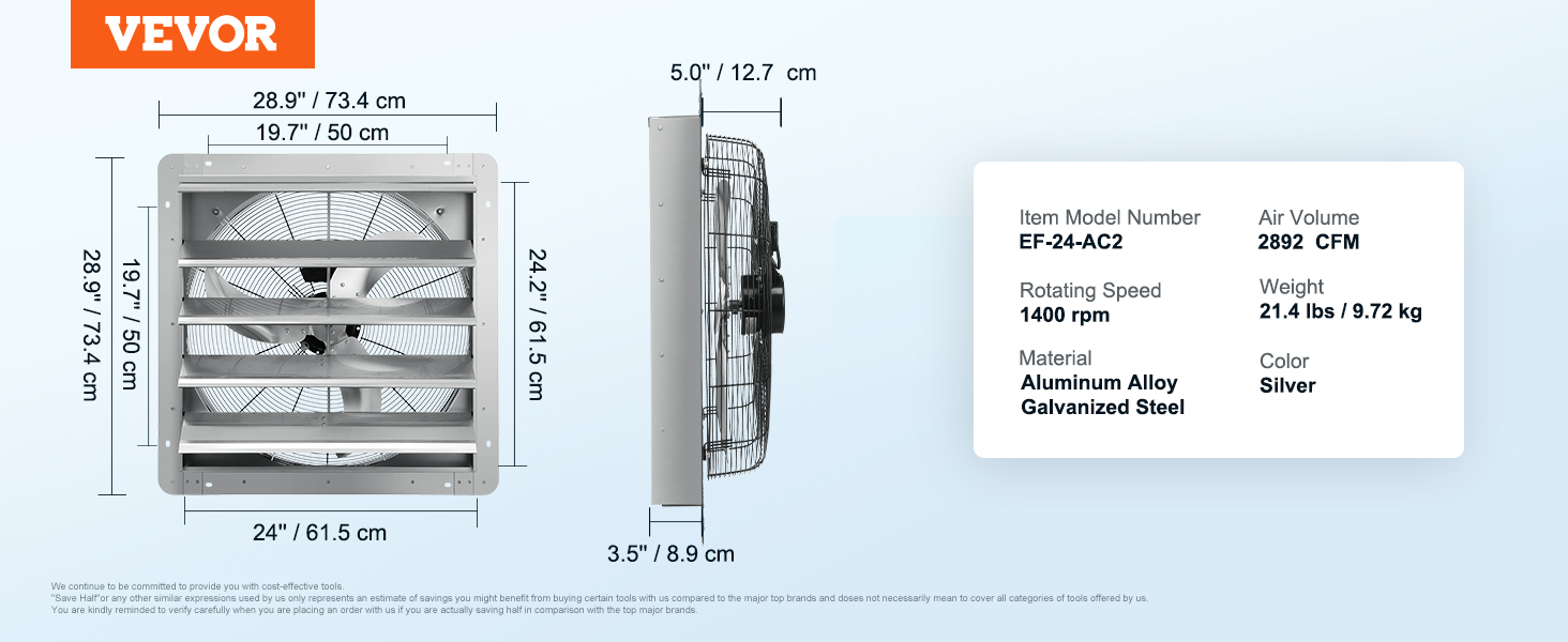 VEVOR shutter exhaust fan, dimensions, and specifications on a light blue background.