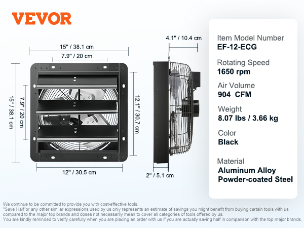 VEVOR shutter exhaust fan with 904 cfm, ef-12-ecg, 1650 rpm, 15" x 15", black, aluminum-steel.