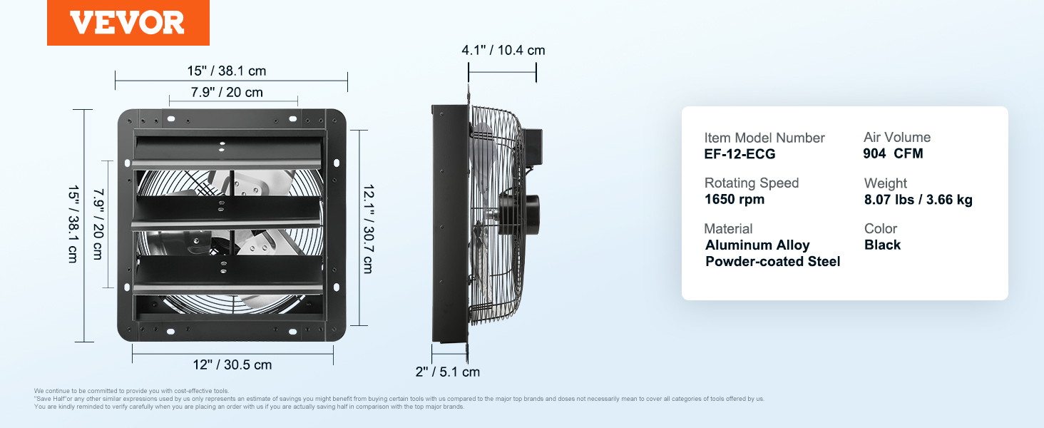 VEVOR shutter exhaust fan with 904 cfm, ef-12-ecg, 1650 rpm, 15" x 15", black, aluminum-steel.