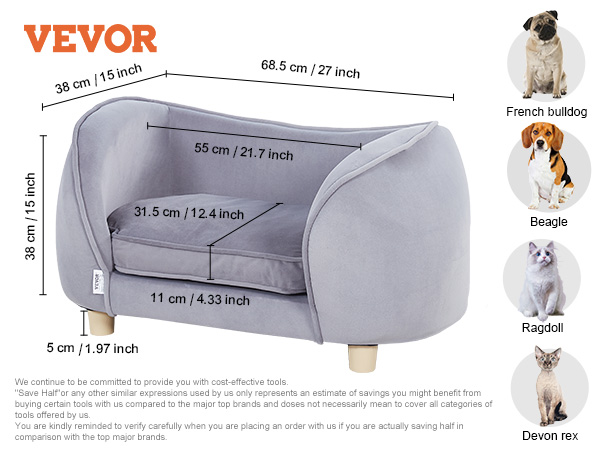VEVOR pet sofa, grey velvet, 66lbs capacity, 68.5x38x38 cm, suitable for beagle, french bulldog, ragdoll, devon rex.