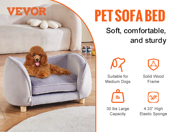 VEVOR pet sofa bed for medium dogs, soft grey, solid wood frame, high elastic sponge, 66 lbs capacity.