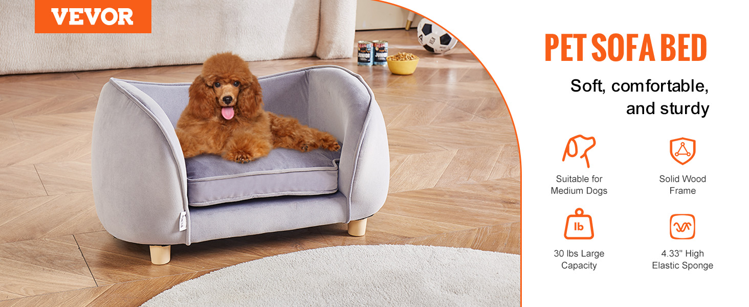 VEVOR pet sofa bed for medium dogs, soft grey, solid wood frame, high elastic sponge, 66 lbs capacity.