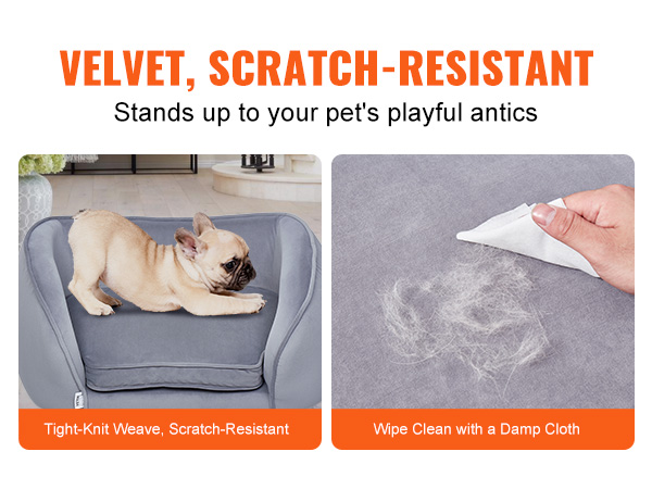 VEVOR pet sofa - tight-knit, scratch-resistant velvet, easy to clean with a damp cloth, playful dog.