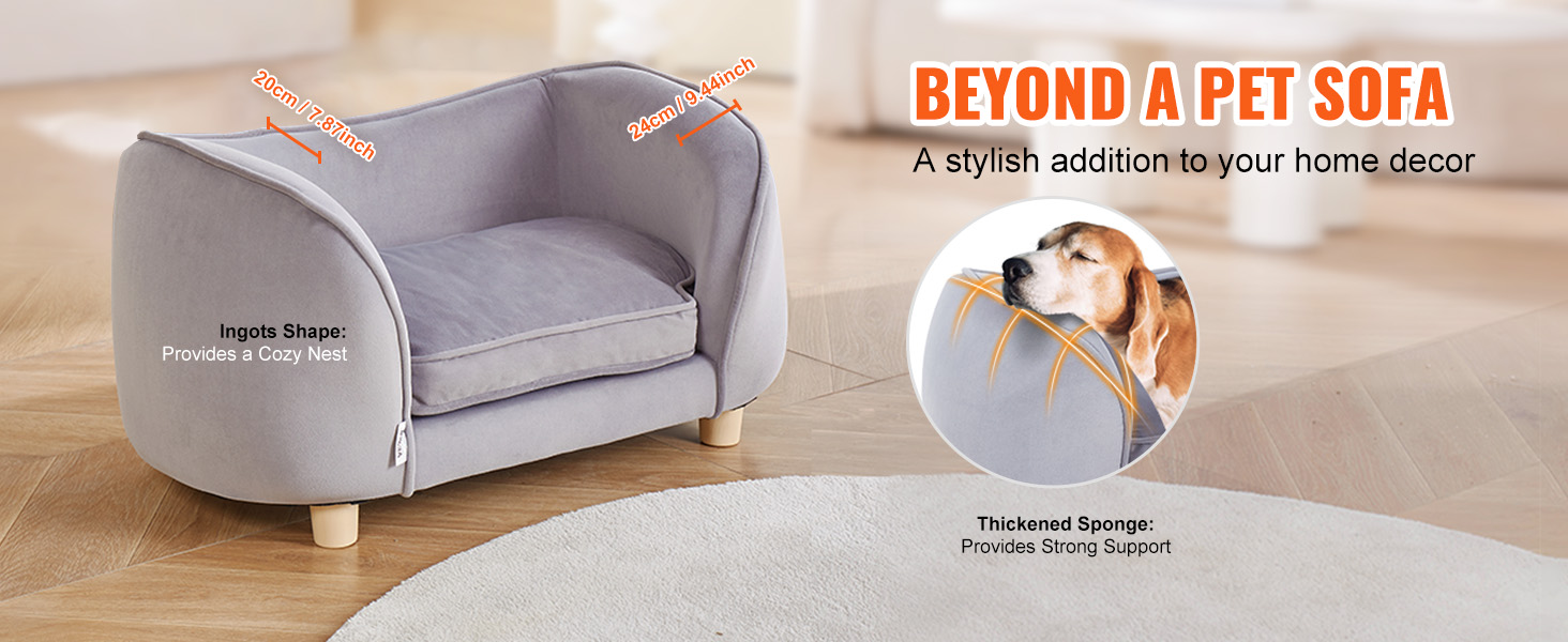 VEVOR pet sofa in gray with ingot shape, thickened sponge, wooden legs, and plush design features.