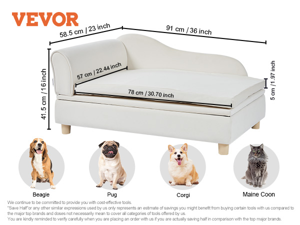 VEVOR pet sofa, white velvet, 110 lbs capacity, 30.7"l x 22.44"w sleeping surface, for dogs and cats.