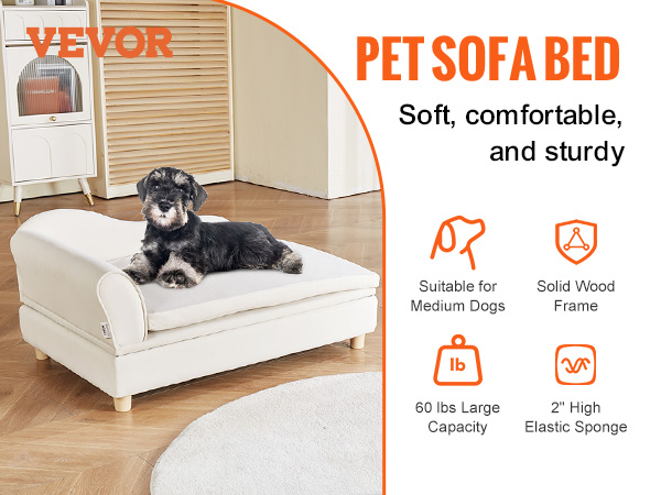 VEVOR pet sofa, soft and sturdy, suitable for medium dogs with a 110 lbs capacity and solid wood frame.