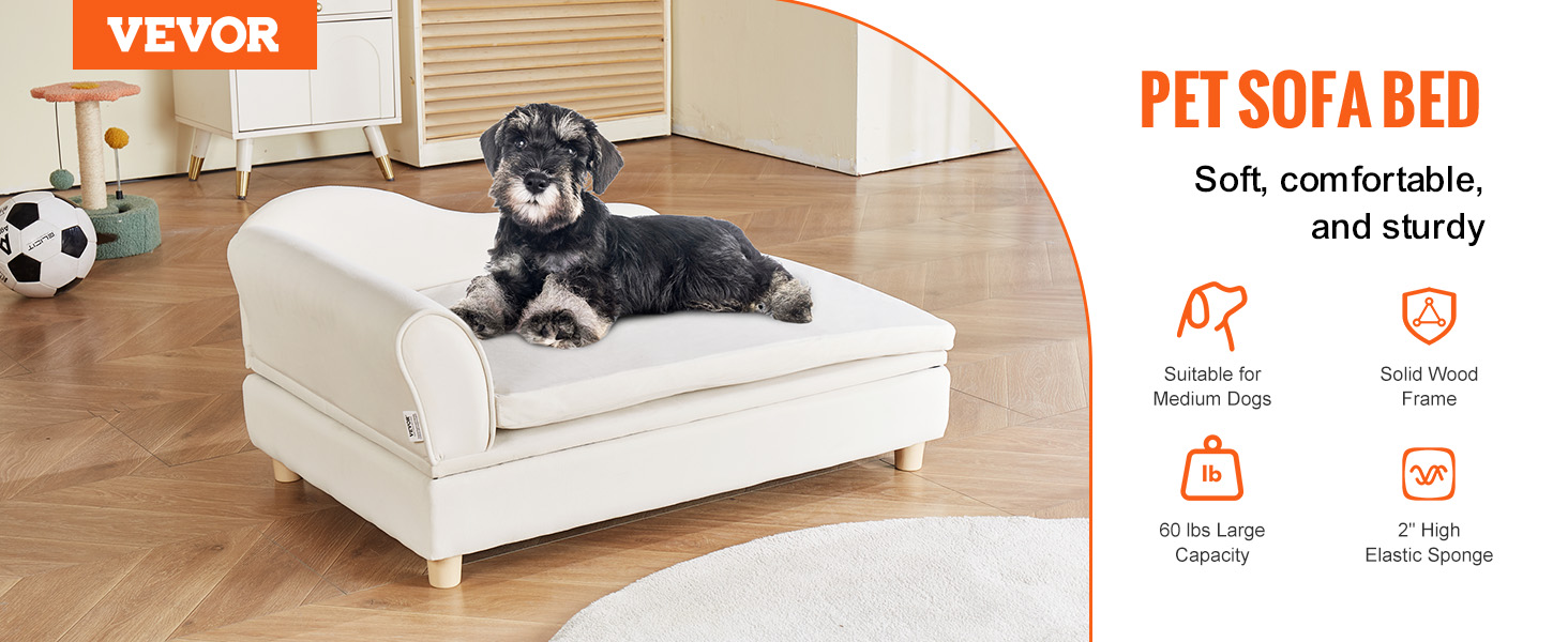 VEVOR pet sofa, soft and sturdy, suitable for medium dogs with a 110 lbs capacity and solid wood frame.