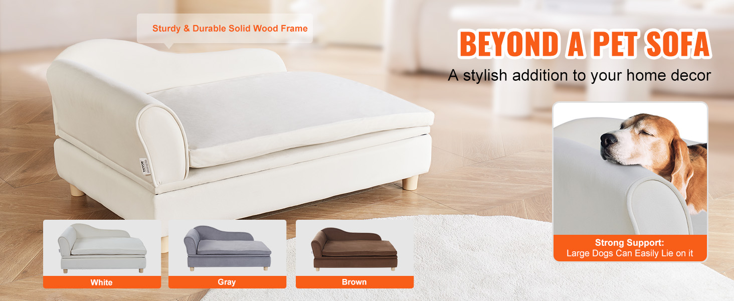 VEVOR pet sofa in white, gray, and brown options, highlighting strong support for large dogs.