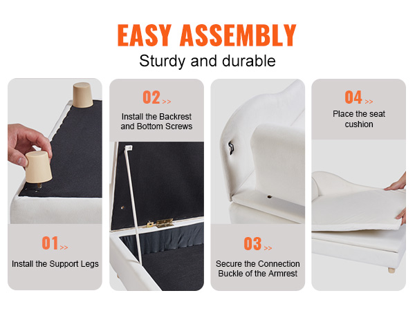 easy assembly steps for the VEVOR pet sofa, highlighting support leg installation, backrest screws, and cushion placement.