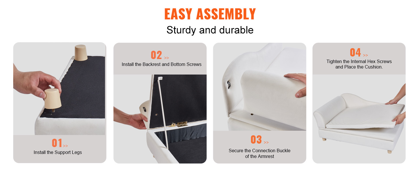 easy assembly steps for the VEVOR pet sofa, highlighting support leg installation, backrest screws, and cushion placement.