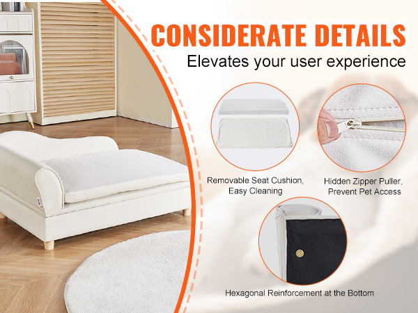 white VEVOR pet sofa with removable cushion, hexagonal reinforcement, and hidden zipper puller in stylish room.