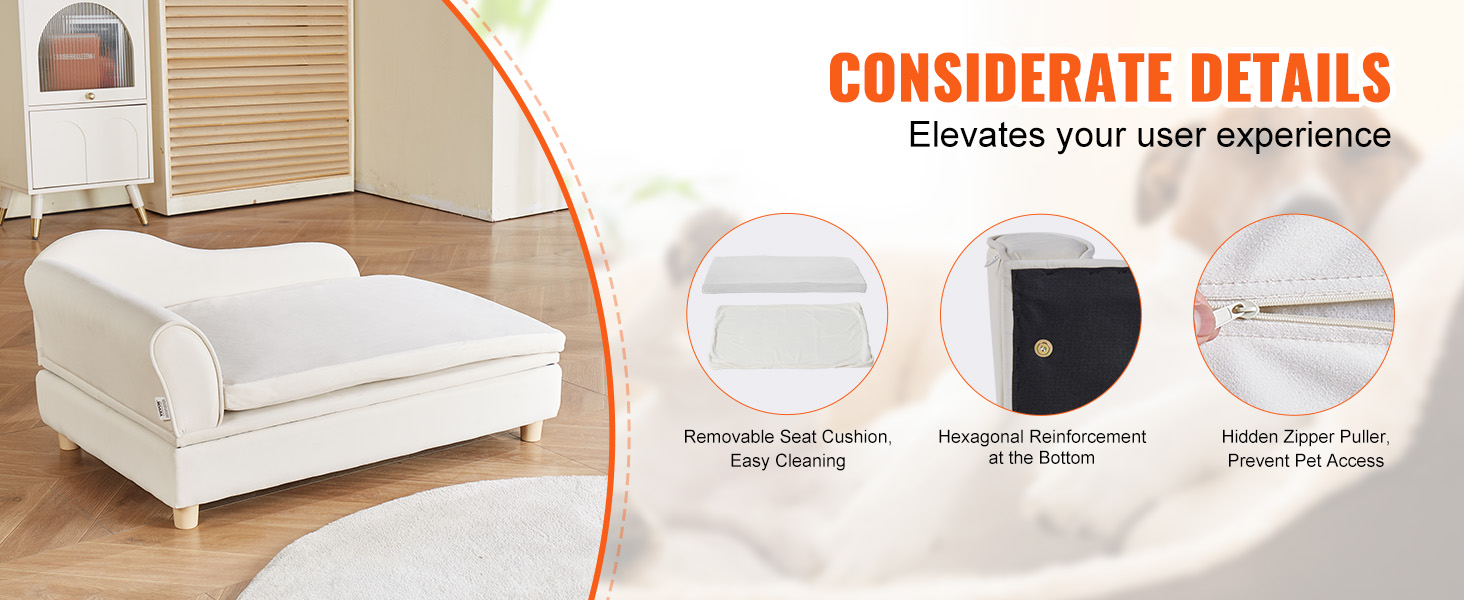 white VEVOR pet sofa with removable cushion, hexagonal reinforcement, and hidden zipper puller in stylish room.