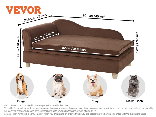 VEVOR dog sofa in brown velvet, dimensions 101x58.5x42 cm, supports pets up to 110 lbs.