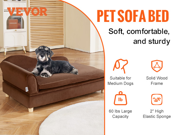 VEVOR dog sofa: soft, brown pet sofa bed suitable for medium dogs, supporting up to 110 lbs, solid wood frame.