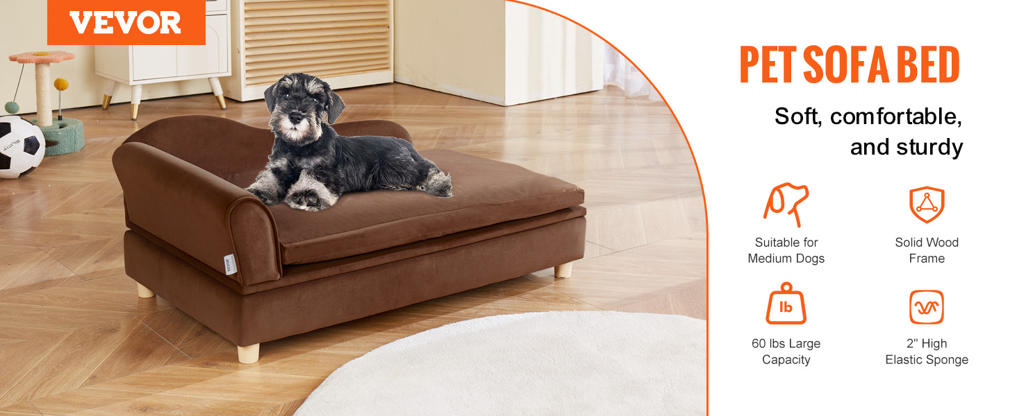 VEVOR dog sofa: soft, brown pet sofa bed suitable for medium dogs, supporting up to 110 lbs, solid wood frame.