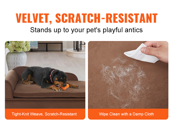 velvet, scratch-resistant VEVOR dog sofa with a rottweiler and easy cleaning instructions.