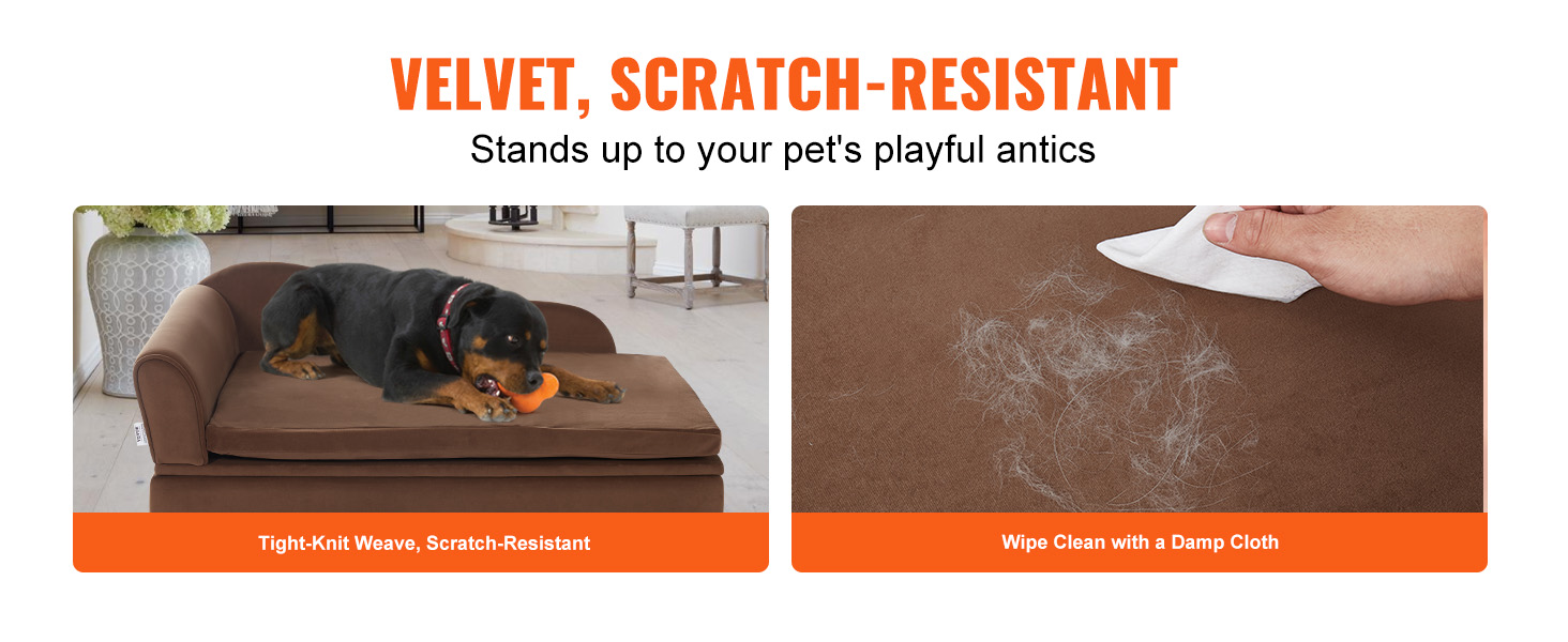 velvet, scratch-resistant VEVOR dog sofa with a rottweiler and easy cleaning instructions.