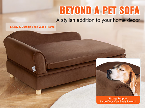 VEVOR dog sofa in brown with a solid wood frame, showcasing a relaxing dog; available in white and gray.