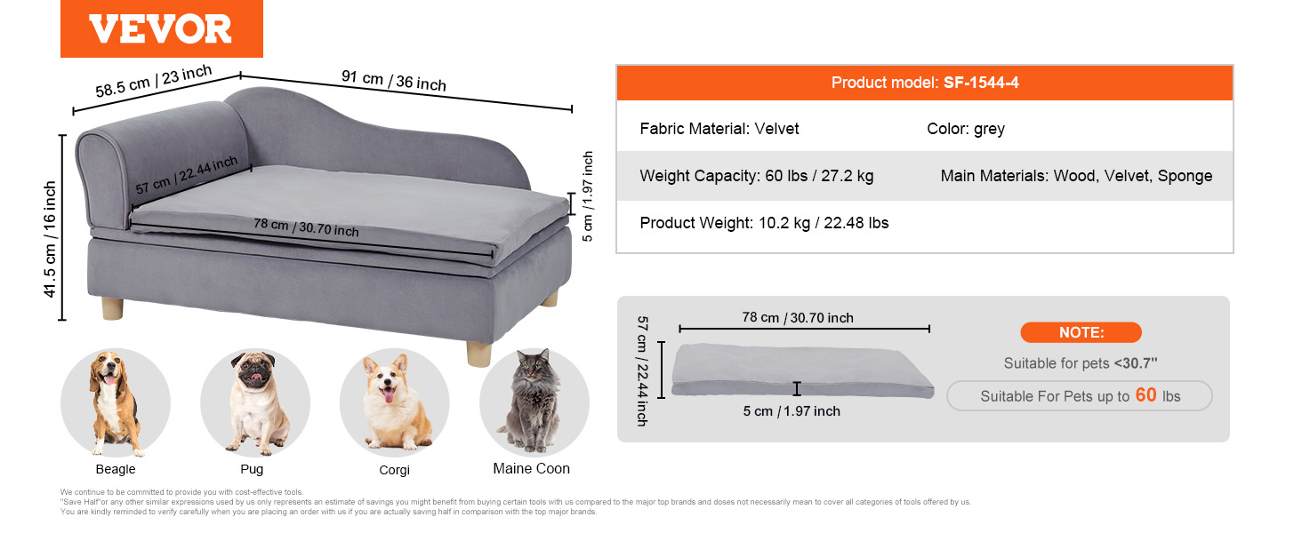 VEVOR dog sofa, grey, velvet, 110 lbs capacity, 41.5 cm high, suitable for labradors and rottweilers.