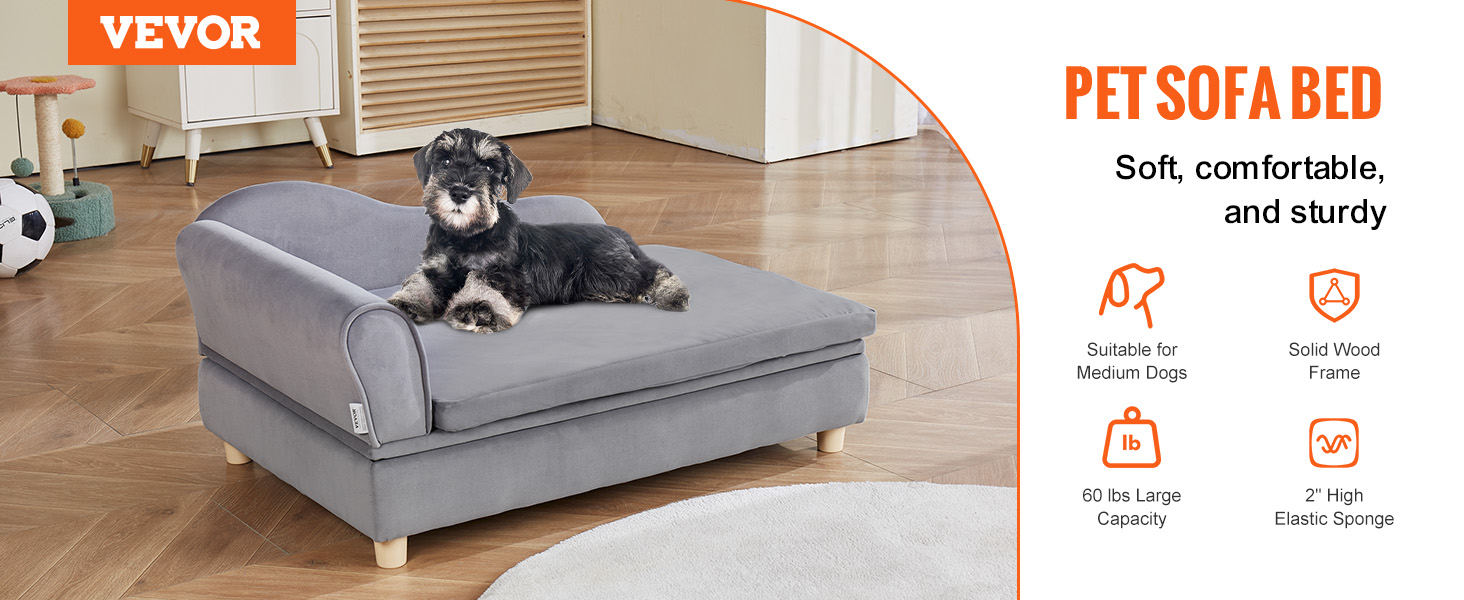 VEVOR dog sofa: soft, comfortable, sturdy pet bed for medium dogs, solid wood frame, 110 lbs capacity.