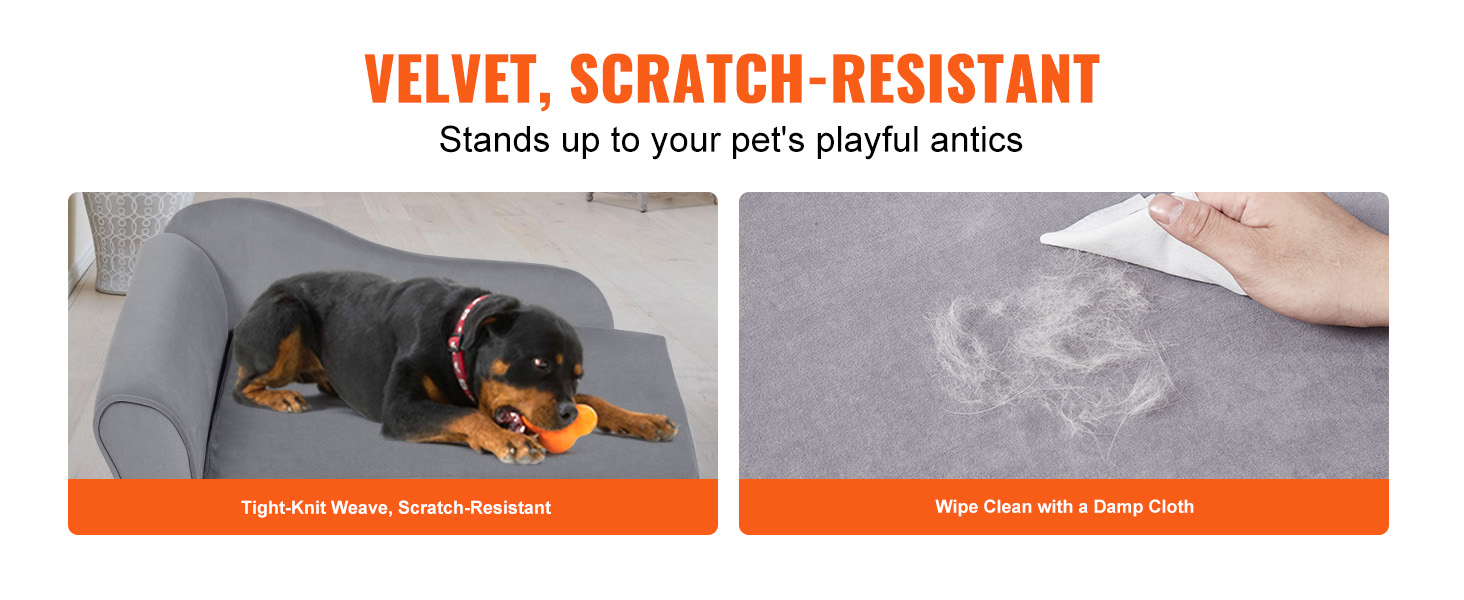 VEVOR dog sofa - velvet, scratch-resistant, easy to clean with a damp cloth, perfect for pets.