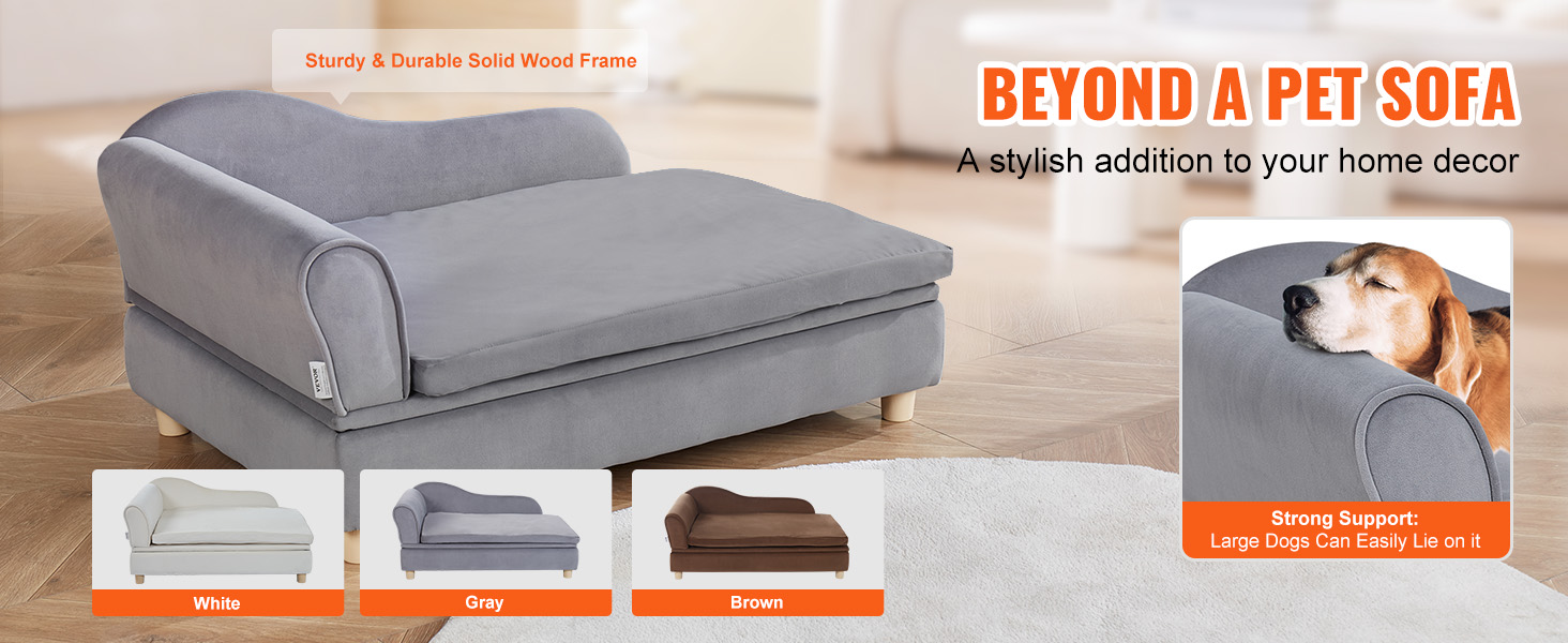 VEVOR dog sofa in gray with durable wood frame, available in white, gray, and brown, perfect for large dogs.