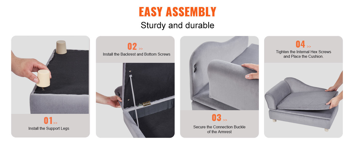 easy assembly guide for VEVOR dog sofa: install legs, attach backrest, secure armrest, and place cushion.