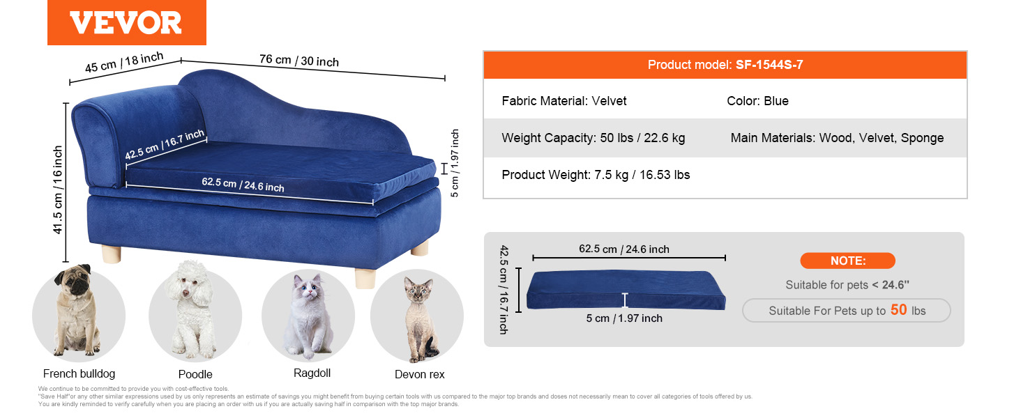 VEVOR pet sofa: blue velvet, 30-inch width, suitable for pets up to 81 lbs, ideal for small to medium pets.