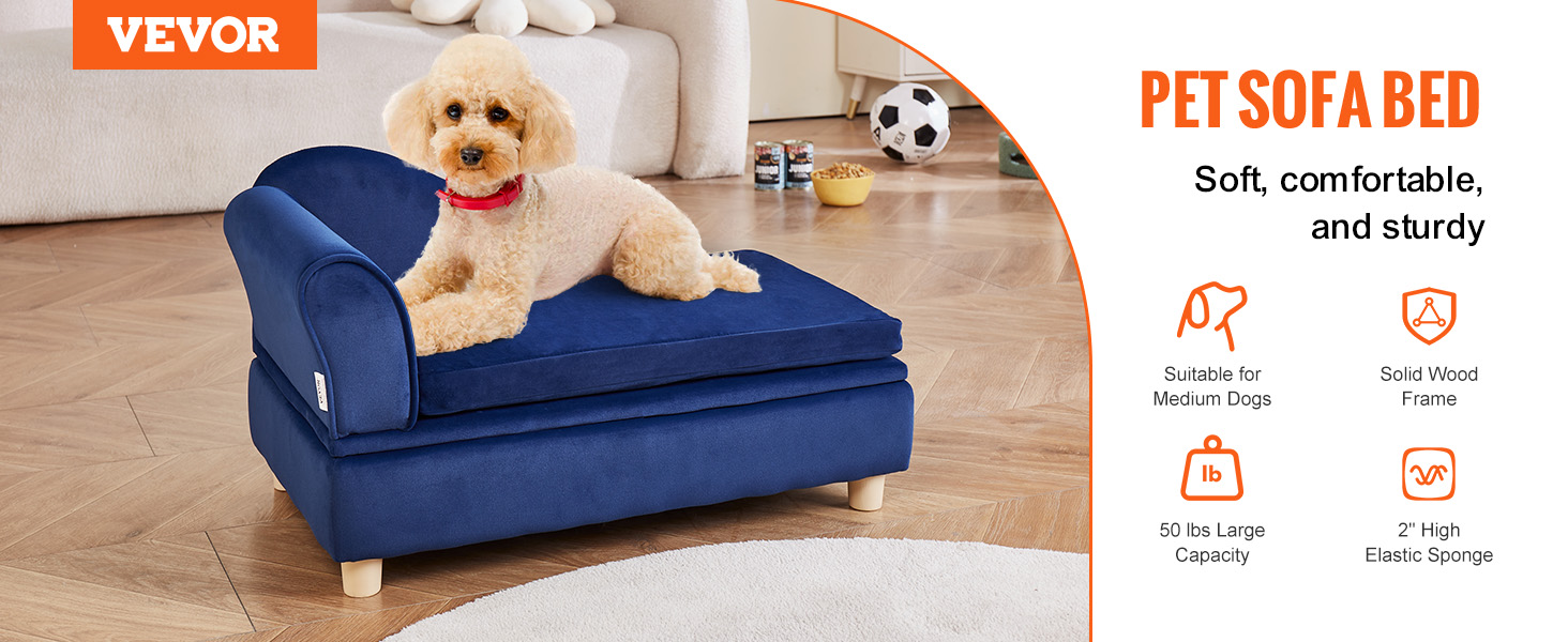 VEVOR pet sofa for medium dogs, featuring soft blue upholstery on a solid wood frame.