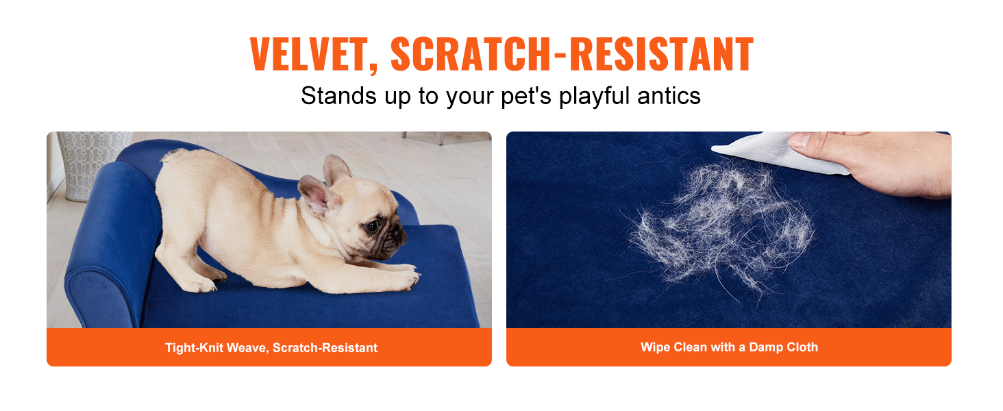 french bulldog lounging on blue, scratch-resistant VEVOR pet sofa with cleanable velvet fabric.