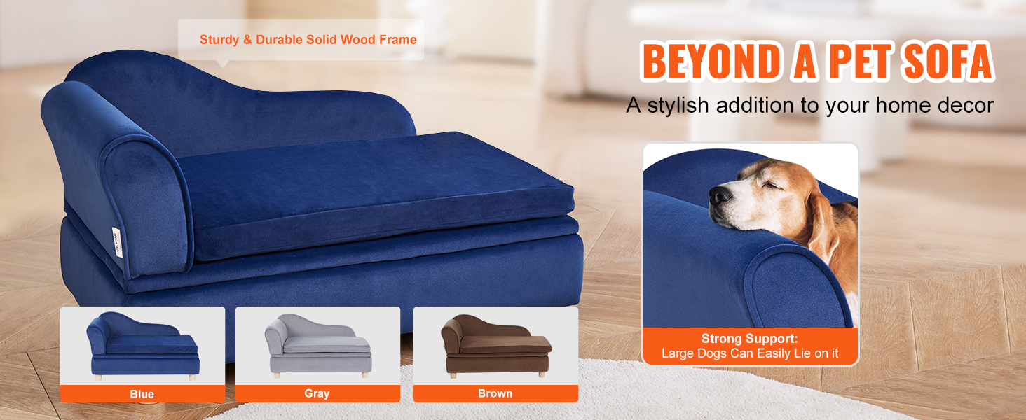 blue VEVOR pet sofa with solid wood frame, available in blue, gray, and brown, featuring a relaxed dog.