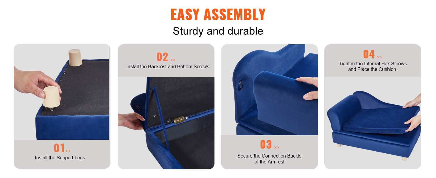 easy assembly of VEVOR pet sofa with blue fabric, demonstrating support leg, backrest, and cushion installation.